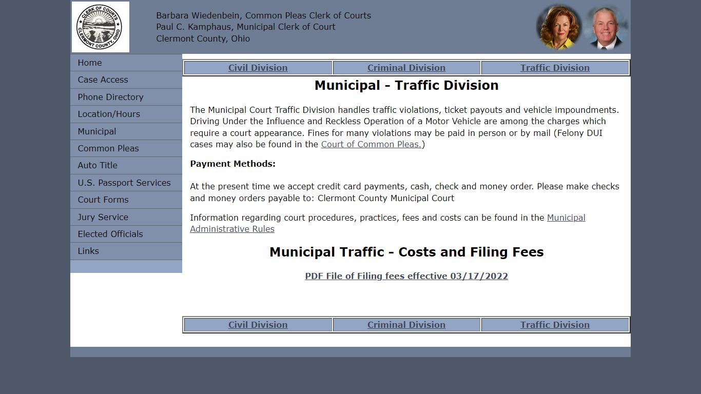 Municipal Clerk - Traffic Division - Clermont County Courts - Batavia, Ohio
